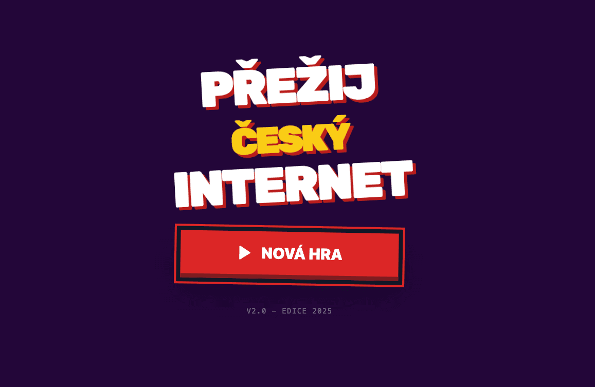 Úvodní obrazovka první verze hry z Google AI Studio: titulek 'PŘEŽIJ ČESKÝ INTERNET' a tlačítko Nová hra